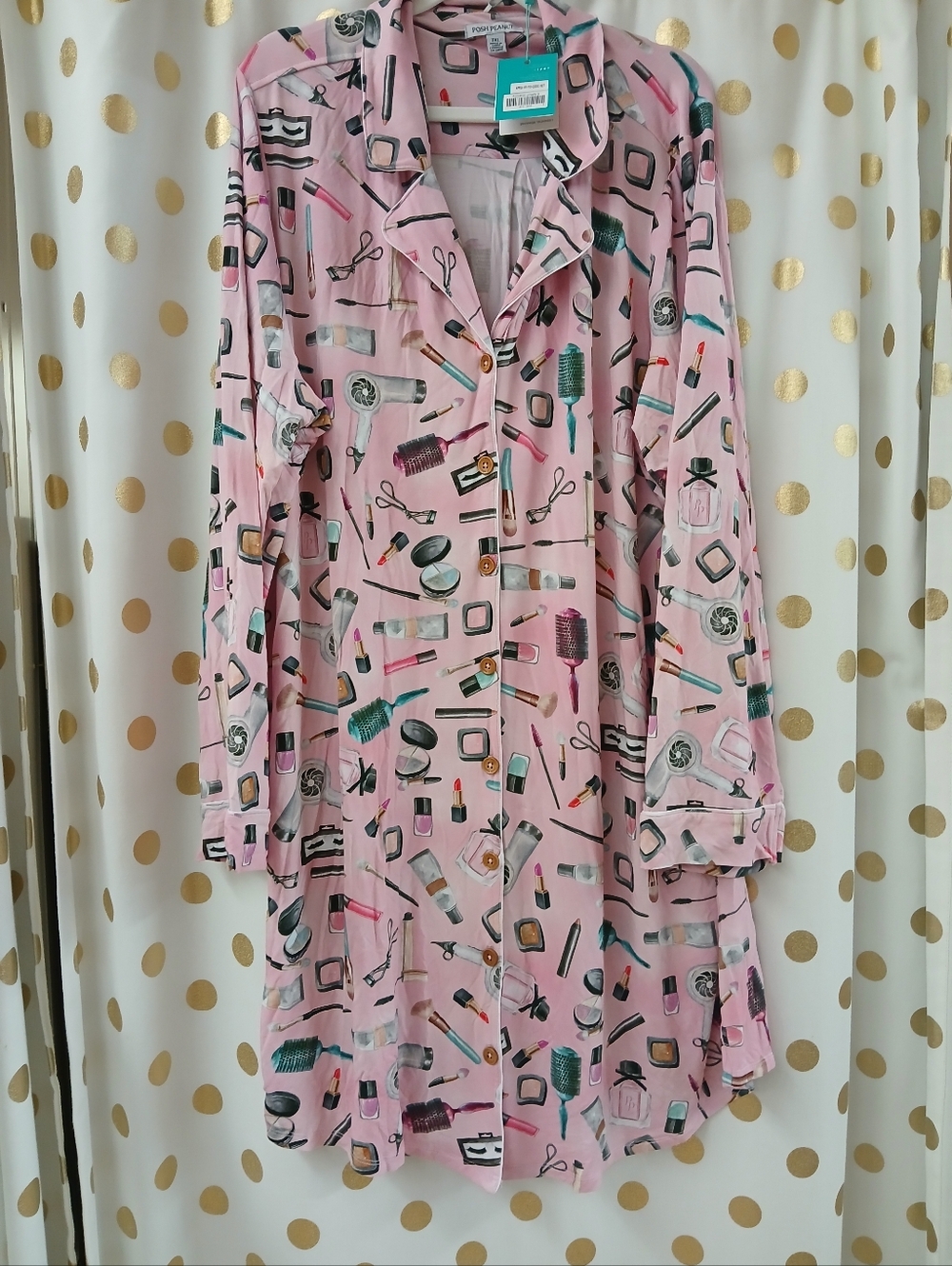 Posh Peanut Pink Long Sleeve Button Sleep Gown with Beauty Tools Print 3xl Bambo